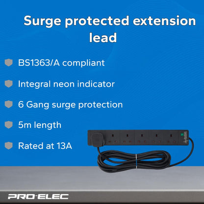 PRO ELEC PELB1755 6 Gang Extension Lead with Surge Protection Black, 5m