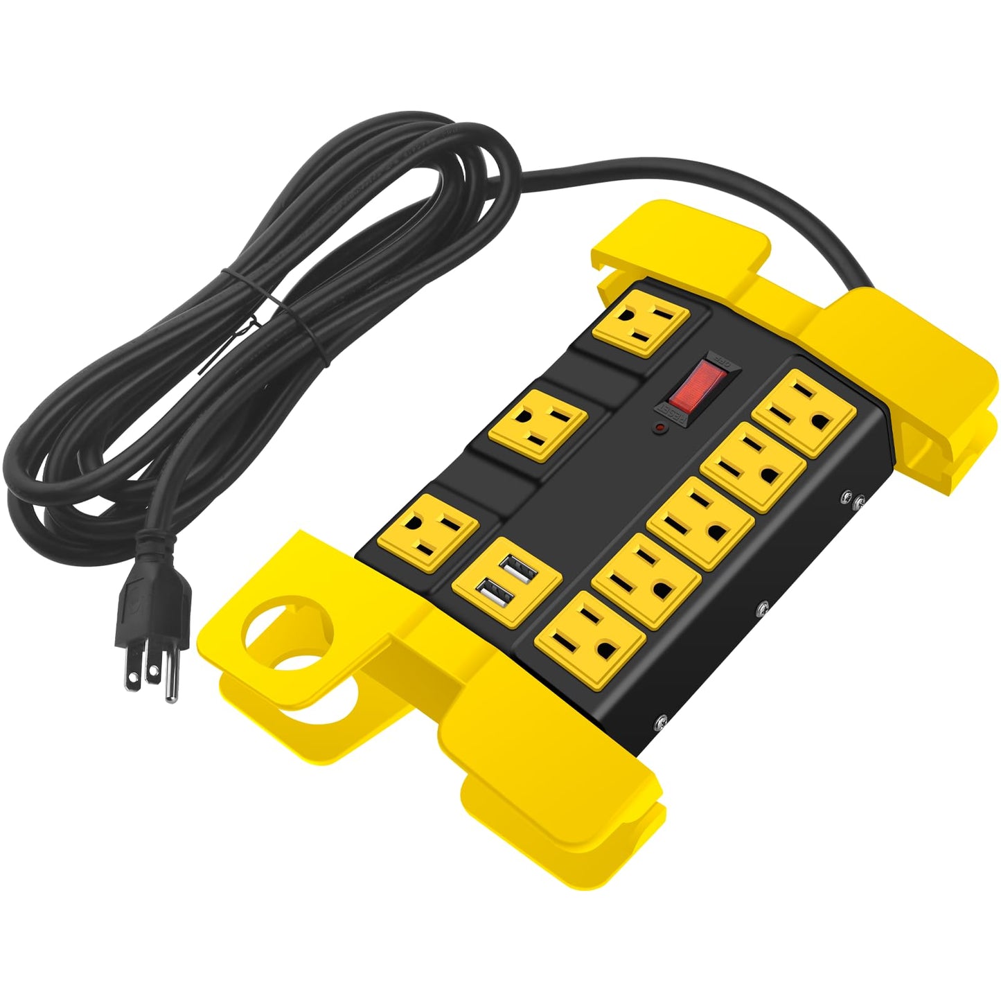 Heavy Duty Power Strip with USB, Workshop 8 Outlet Surge Protector 2700 Joules, Industrial Metal 15Amp Power Strip, 6FT Extension Cord and Wide Spaced. Yellow