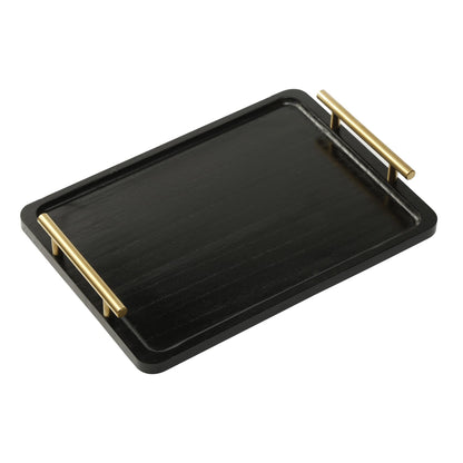 PEKER Wooden Serving Tray with Metal Handles, Black Decorative Coffee Table Tray for Breakfast in Bed, Ottoman & Home Décor, Wooden Food Tray for Kitchen, Living Room & Dining Table
