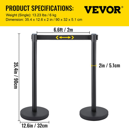 VEVOR Crowd Control Stanchion Set, Stanchion Set with 6.6 ft/2 m Black Retractable Belt, Black Crowd Control Barrier w/Concrete and Solid Metal Base - Easy Connect Assembly (6)