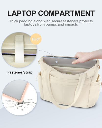 Tote Bag for Women, Puffer Work Tote Bag with 15.6 Inch Padded Compartment and Cup Holder, Shoulder Bag Handbag with Zipper for Travel Teacher Nurse, Beige