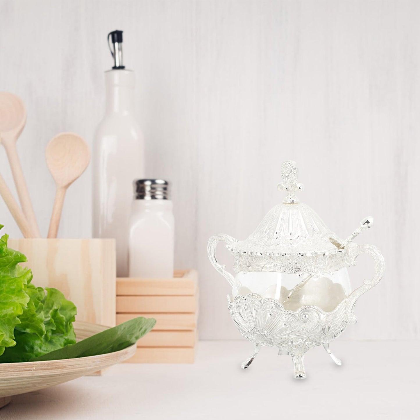 Kichvoe European Style Seasoning Jar with Lid Large Capacity Glass Sugar Bowl Condiment Container for Salt Pepper Kitchen Dining Home Restaurant