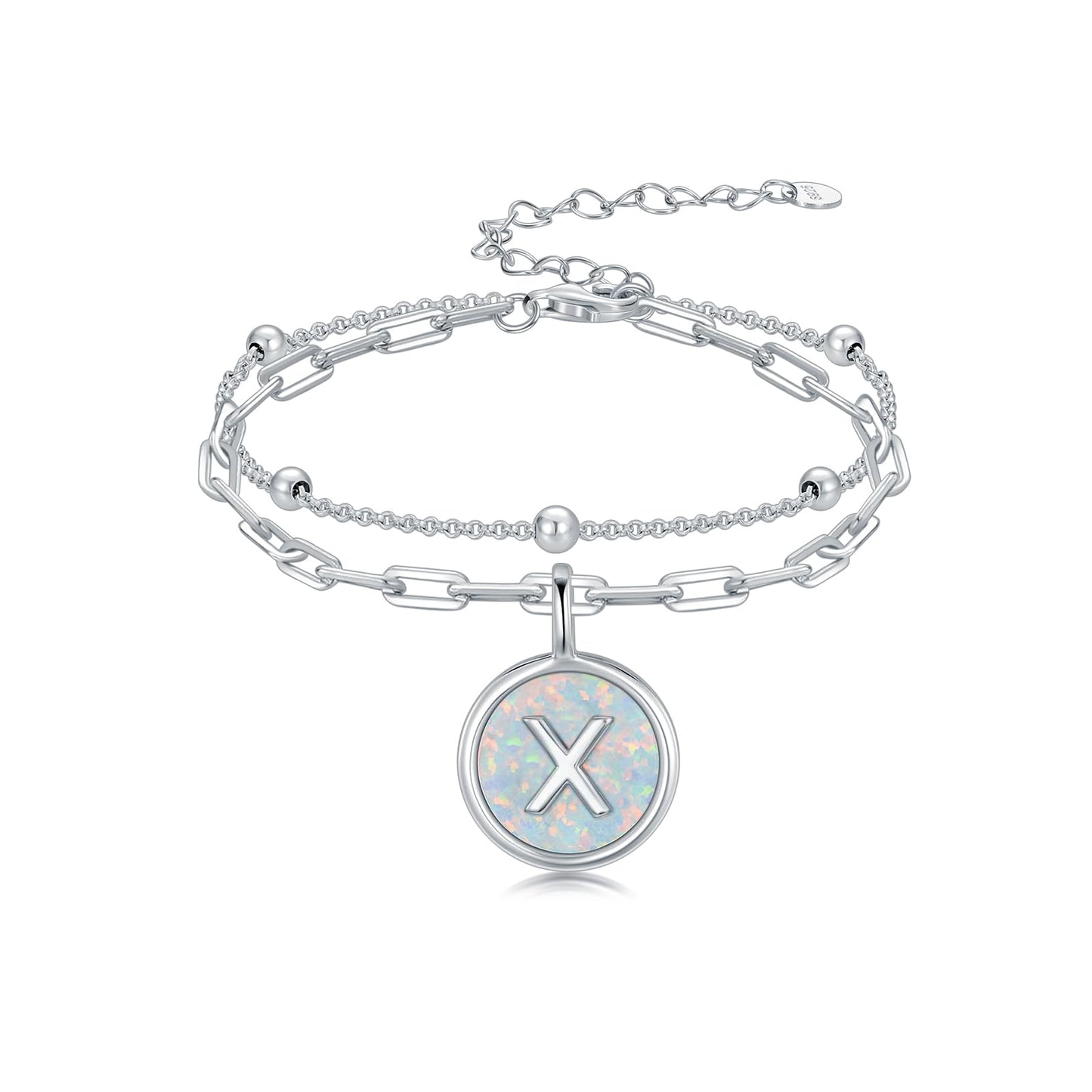 LWQQWL Initial X Bracelet for Women 925 Sterling Silver Layered Initial Bracelet Opal Letter 26 Alphabet Jewelry Christmas Gifts