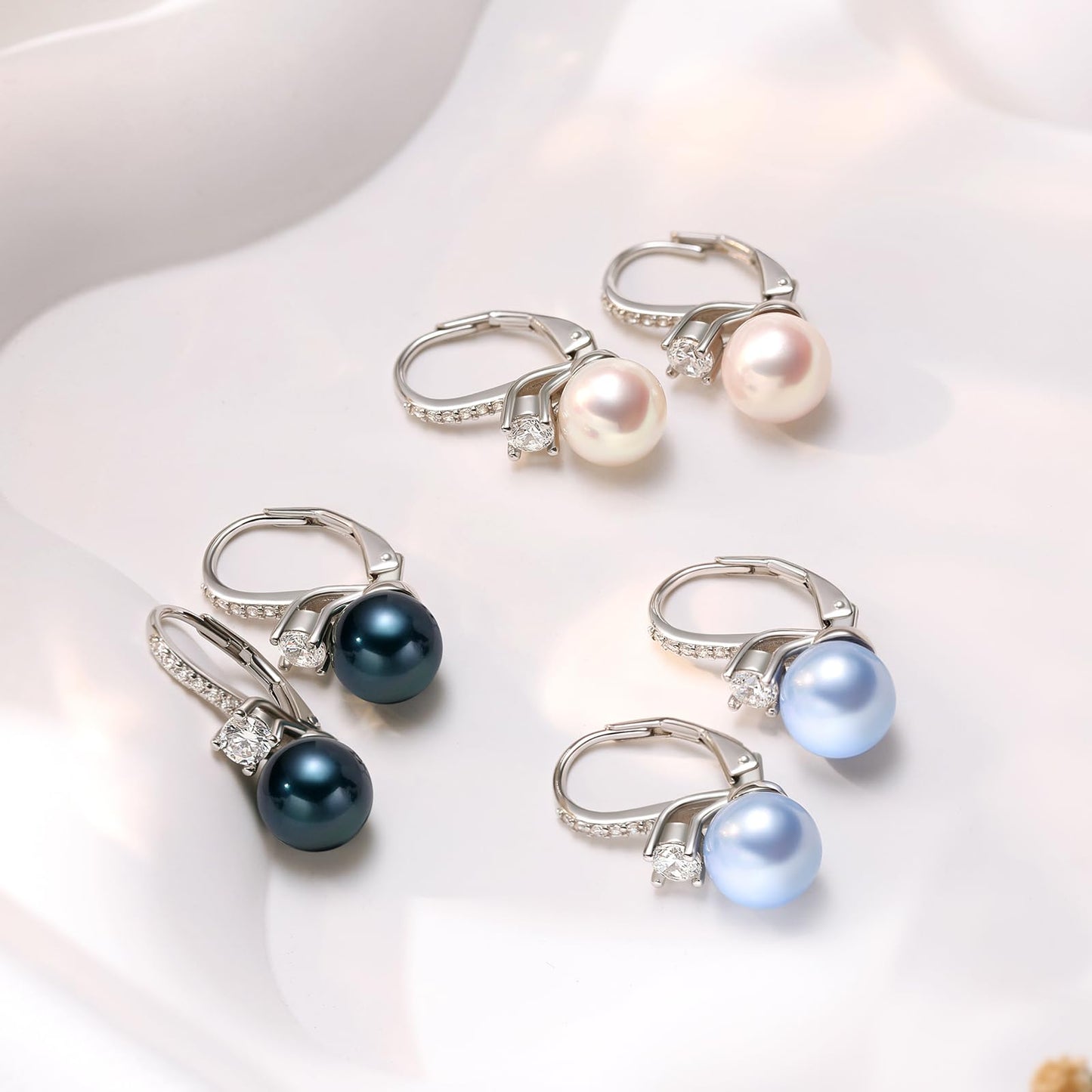 BAMIKI Black Pearl Drop Dangle Earrings 925 Sterling Silver Cubic Zirconia Leverback Earrings, 8MM Round Saltwater Cultured Pearls Jewelry Gifts for Women Wife Mother