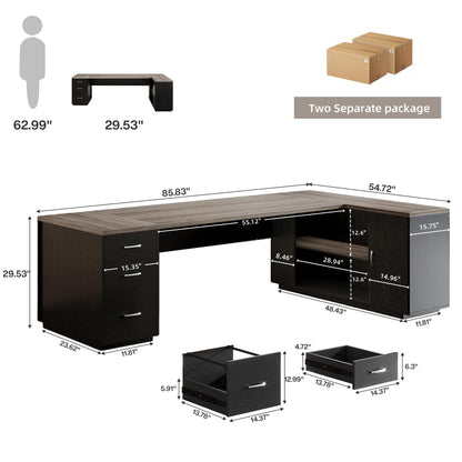 Tribesigns 85.8-Inch L-Shaped Executive Office Desk with File Drawers & Storage Cabinet, Professional Corner Computer Desk Extra Large Business Workstation with Adjustable Shelves (Gray&Black)