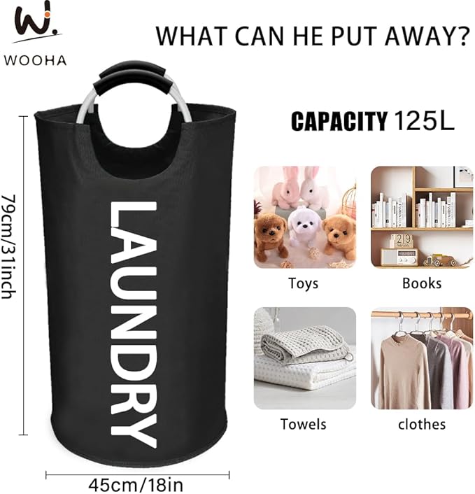 WOOHA 125L Large laundry basket, Collapsible laundry hamper, Tall Clothes