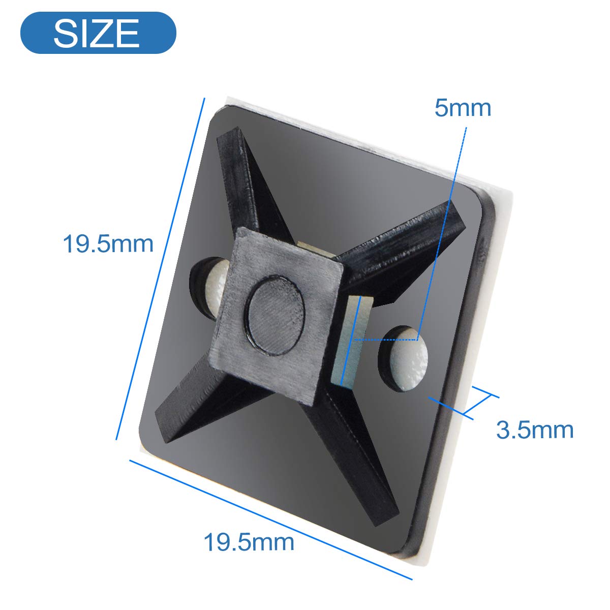 XHF 100 PCS 3/4" Black Self Adhesive Cable Zip Tie Mounts Wire Cable Clips Holders Management Anchors Organizer Holders Squares(HS-101S)