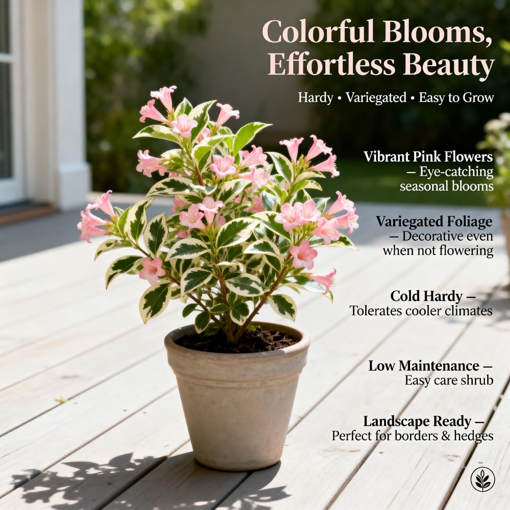 Variegated Pink Weigela Live Plant, Quart Pot - 12-18 Inches Tall, Pink Flowering Shrub with Cream and Green Foliage, Live Shrub with Colorful Ornamental Leaves for Home Gardens