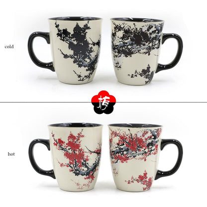 Asmwo Color Changing Heat Sensitive Magic Funny Art Mug Large Coffee Tea Plum Blossom Porcelain Mugs for Women Mom grandma Gifts 16oz Black Change Glow Red Cups