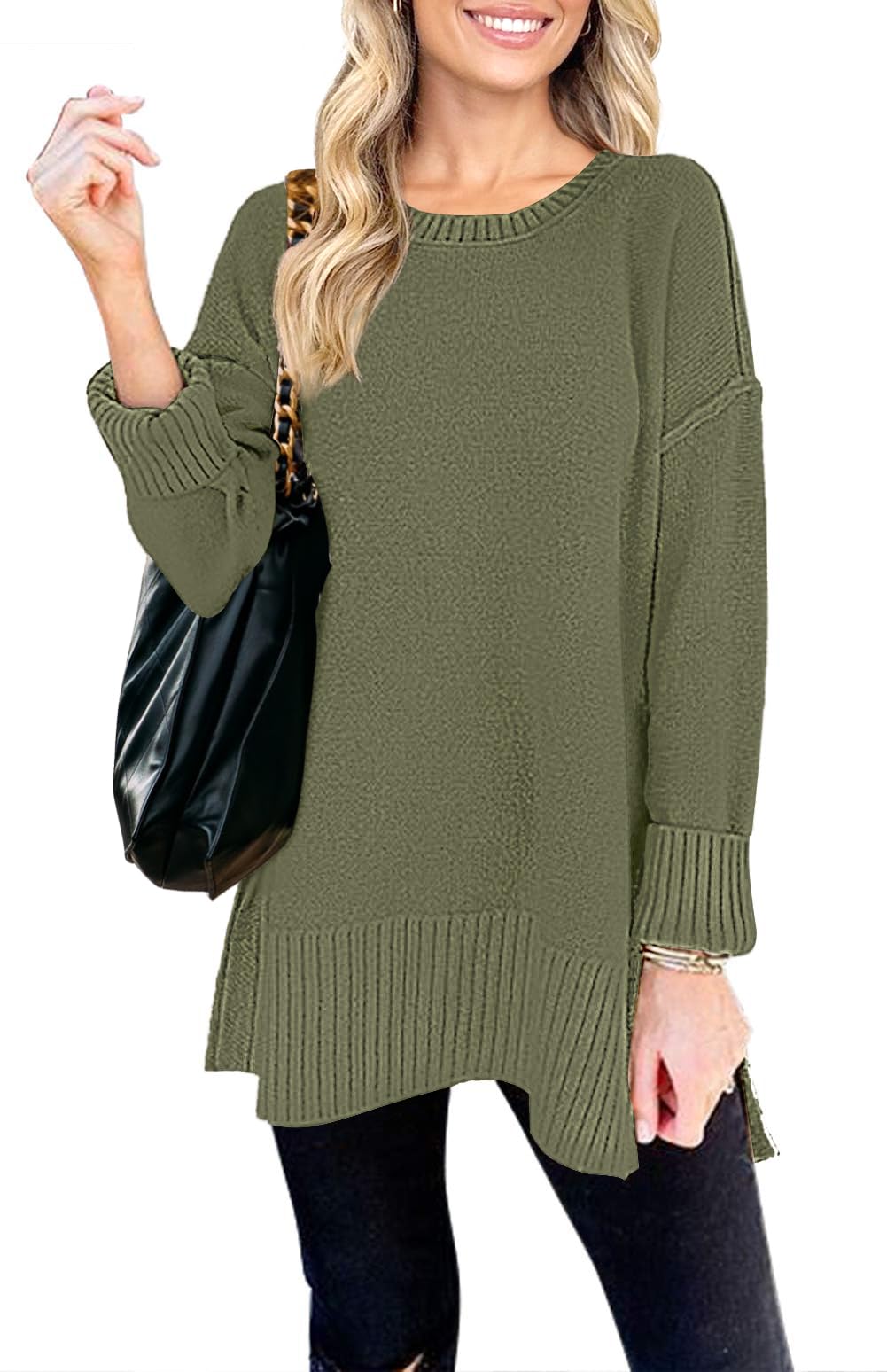 MEROKEETY Women's 2025 Fall Winter Oversized Pullover Sweater Casual Loose Crew Neck Long Sleeve Side Split Jumper Tops