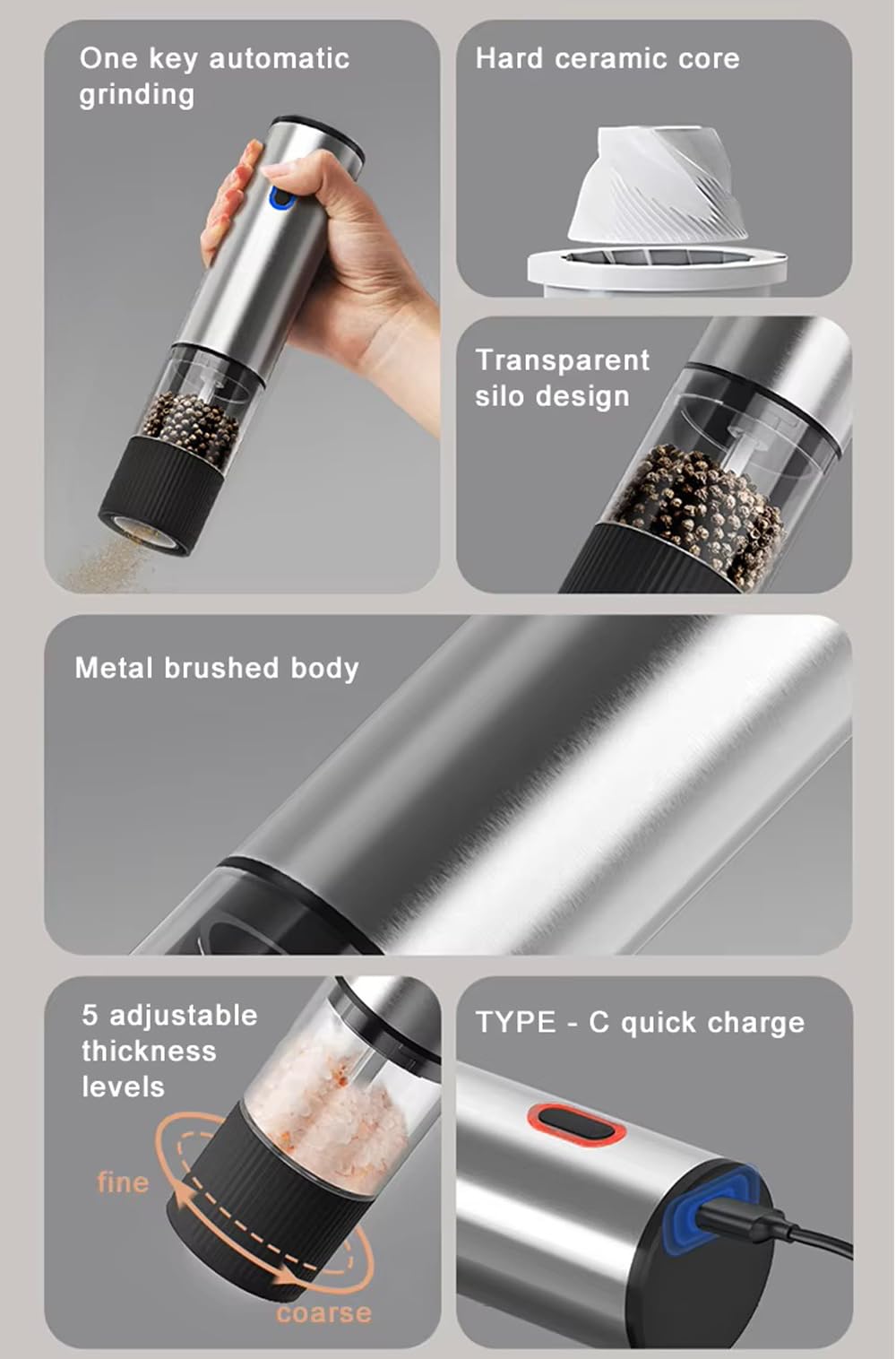 Electric Salt and Pepper Grinder, USB Rechargeable with Ceramic Grinding Mechanism, Adjustable Coarseness, One-Touch Operation, Stainless Steel and Black