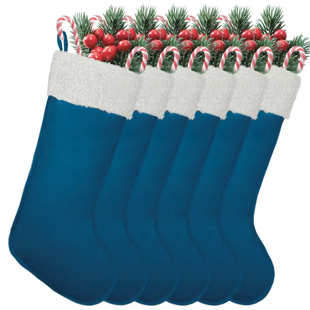 LinaGarten Traditional Christmas Stockings for Family Holiday Decorations and Xmas Tree Fireplace (6, Navy Blue-Grain-Large)