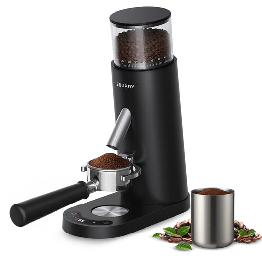 LEBURRY Burr Coffee Grinder – Portable Coffee Bean Grinder with 60 Grind Settings, LCD Timer, 51 & 58mm Portafilter Compatible - Rechargeable Electric Espresso Grinders for Home, Office & Travel