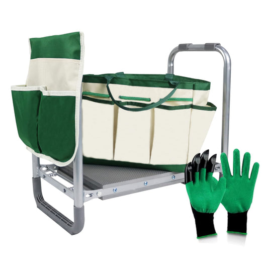 BDL Garden Kneeler Seat Foldable Durable Garden Stool with Tool Bag Pouch and Garden Gloves 330lb Capacity-Protects Your Knees, Clothes from Dirt & Grass Stains