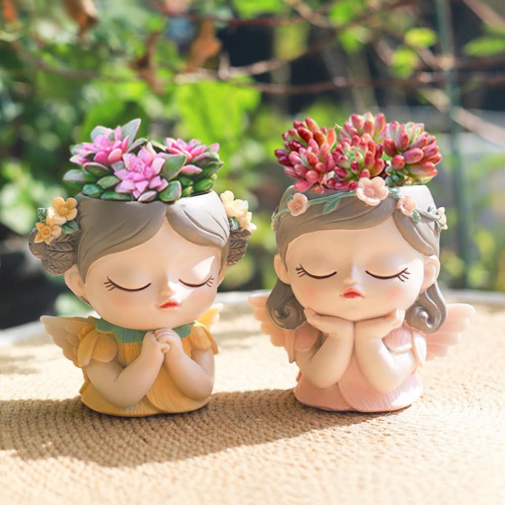 Argofox Small Angel Girl face Succulent Planter 2 Pack with Drainage Hole Indoor Cactus Plant Pot Cute Flower Vases Decor with Girl Face Planter Gifts Idea for Women