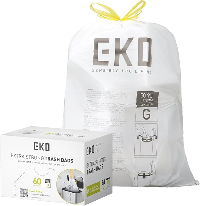 EKO 21 Gallon / 50-90 Liter, Extra-Strong Unscented Garbage Bags, Easy-Dispense