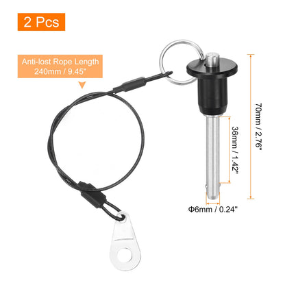 uxcell 2 Pcs Quick Release Pin, 1/4" x 1.42"(Dia. x L) Ball Locking Pin with Push Button 304 Stainless Steel Ring Handle Locking Pin with Wire for Audio Bimini Top Marine, Silver