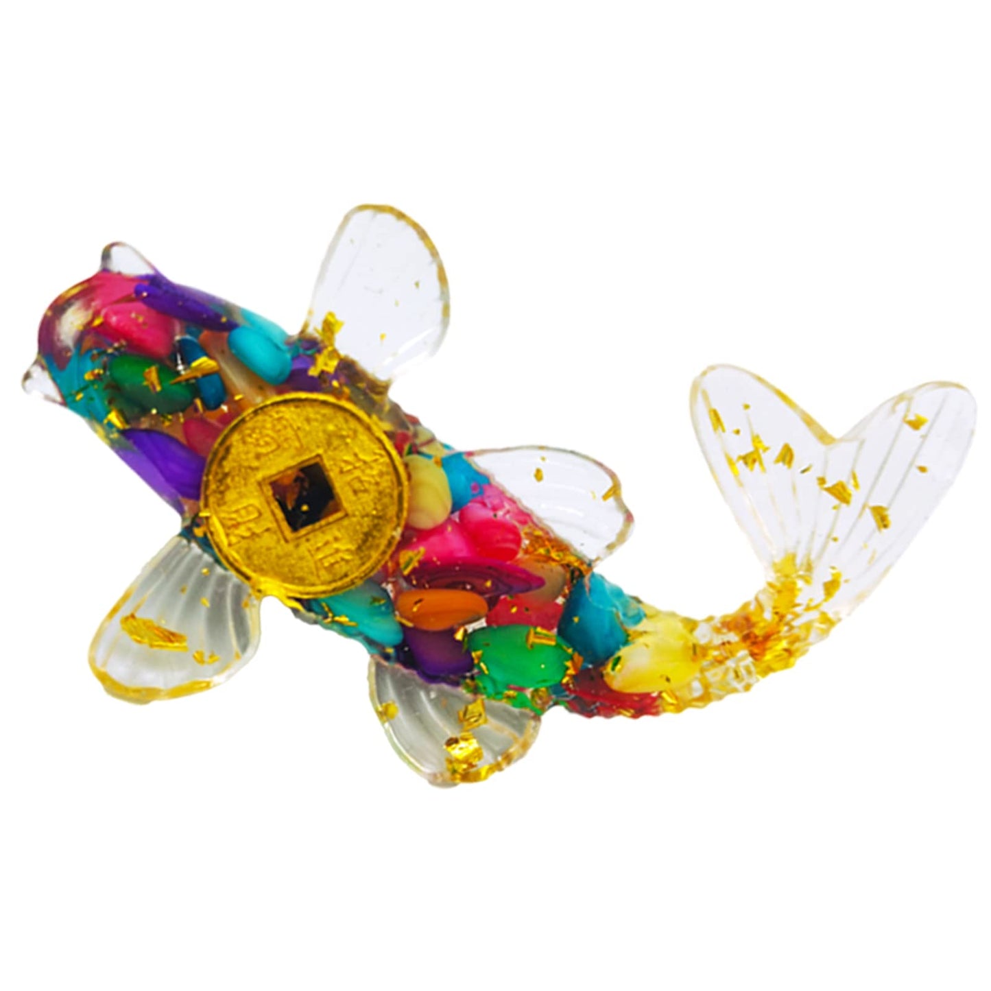 DIYOMR Set of 6 Crystals Fish Hand-dripped Resin Fused with Colorful Crystal Rocks Stones Fake Gold Coins,Blessed Carp Bring Luck Wealth,DIY Home Wall Desk Decor