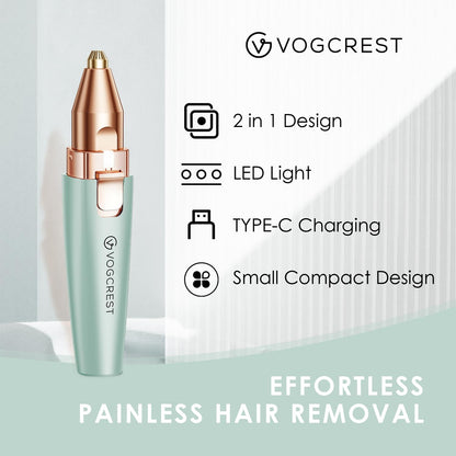 VG VOGCREST Eyebrow & Facial Trimmer: 2 in1 Rechargeable Facial Hair Removal & Eyebrow Shaver - Body Razor with Built-in LED Light (Rose Gold)