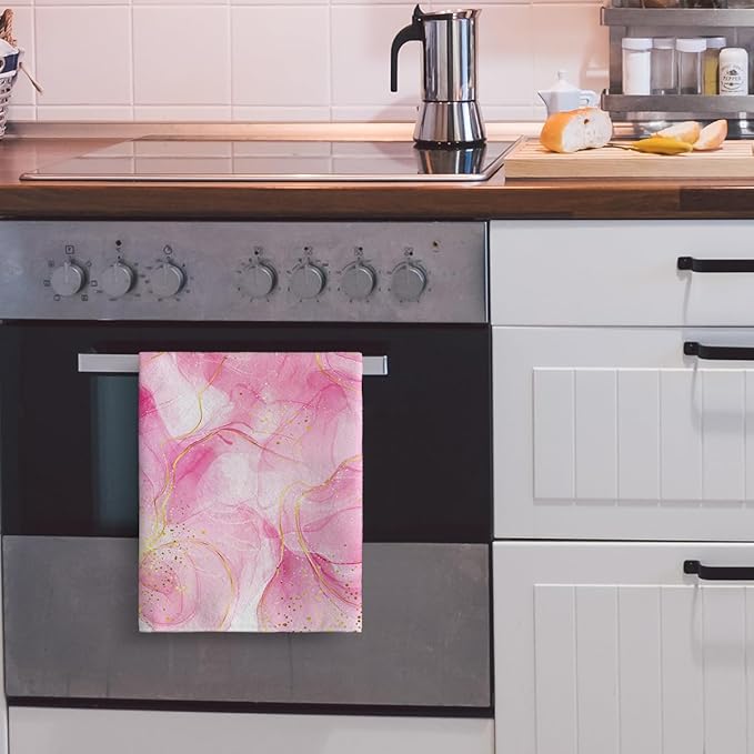 Pink Marble Kitchen Dish Towels and Dishcloths Sets of 2 Abstract Modern Dish