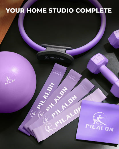 PILALON Pilates Ring Set - Studio-Grade Anti-Deformation Pilates Kit - Pilates Equipment for Home Workout - 14'' Pilates Ring, Pilates Ball, 2 Dumbbells, 5 Resistance Bands for Toning Arms, Thighs