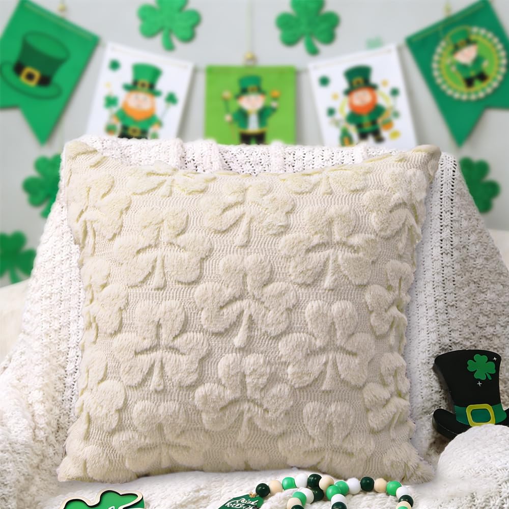 Heirloom Haven St Patrick’s Day Pillow Covers Set of 2,Beige Shamrock Irish Soft Plush Fluffy Faux Fur Jacquard Decorative St. Patrick’s Day Holiday Farmhouse Cushion Case for Sofa 18 x 18 Inch