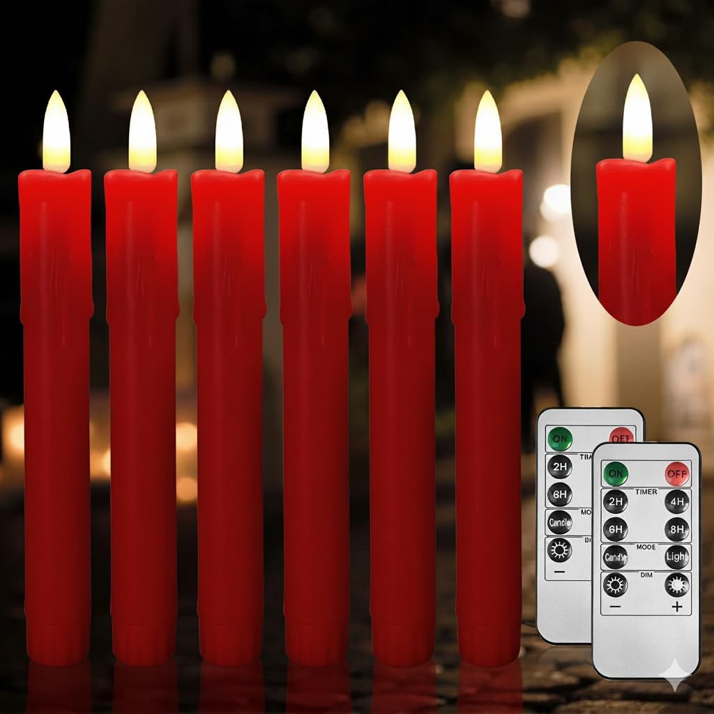 SUNGEGE 6.7 Inch LED Candles Battery Operated, Flameless Candles with Flickering 3D Flame, Led Candle Sticks Safe for Windowsill Wedding Home Christmas Decor, Red, Set of 6