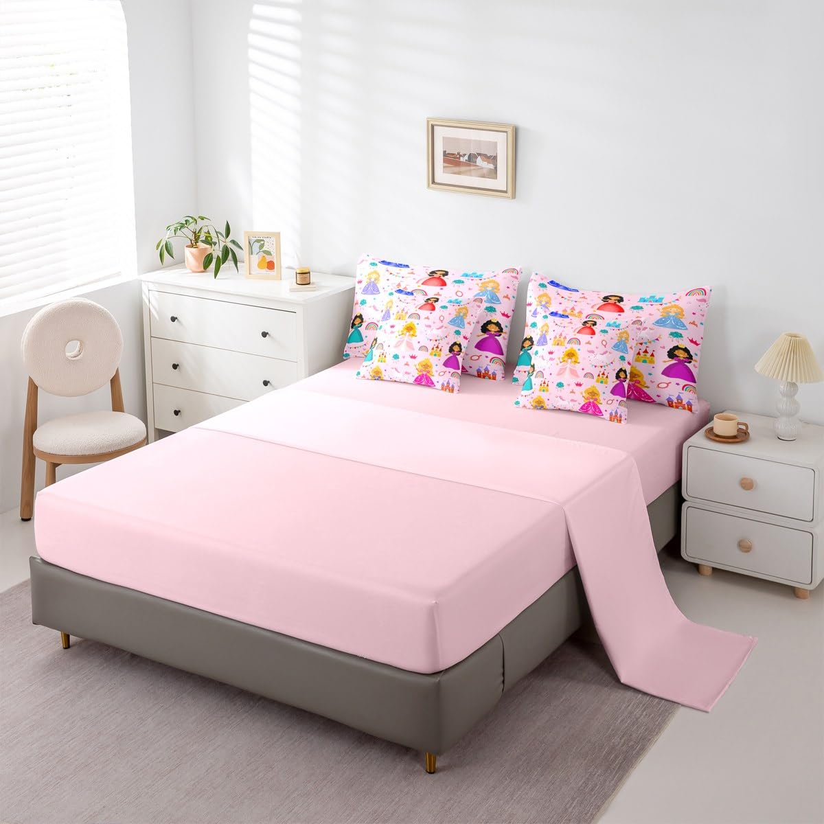 jejeloiu Cute Princess 7 Piece Bedding Set Queen Size Girly Loves Bed in a Bag for Boys Girls Bedroom Decor Pink Clound Rainbow Comforter Set with Sheets,Pillowcases & Cushion Cover Castle Soft