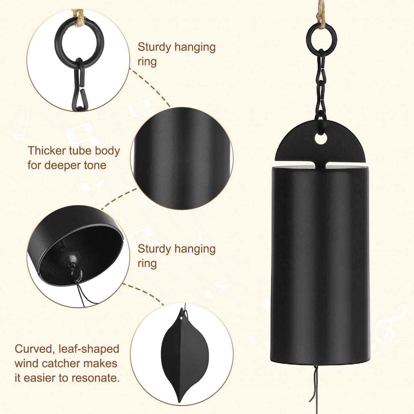 M METERXITY 1 Pack 19 Inch Wind Chimes for Outside, Deep Resonance Serenity Bell, Hanging Cylinder Metal Outdoor Wind Chimes Decor for Patio/Yard/Porch/Garden [Black]