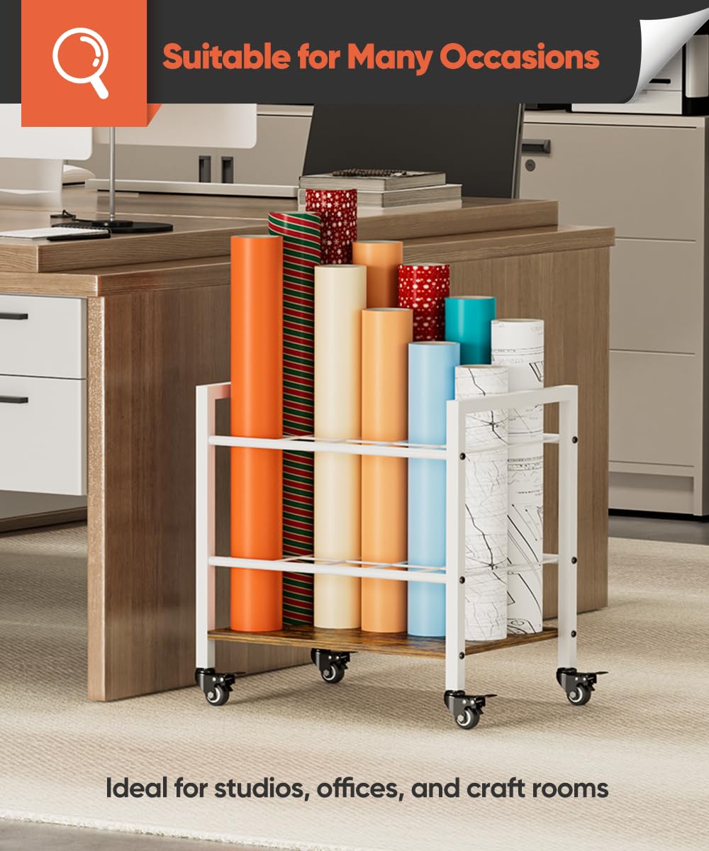 Tigerden Blueprint Storage Rack Cart, 15 Slots Metal Rolling File Holder with Wheels & Adjustable Pads, Mobile Gift Wrapping Paper Organizer for Maps/Posters/Architectural Construction Plans, White