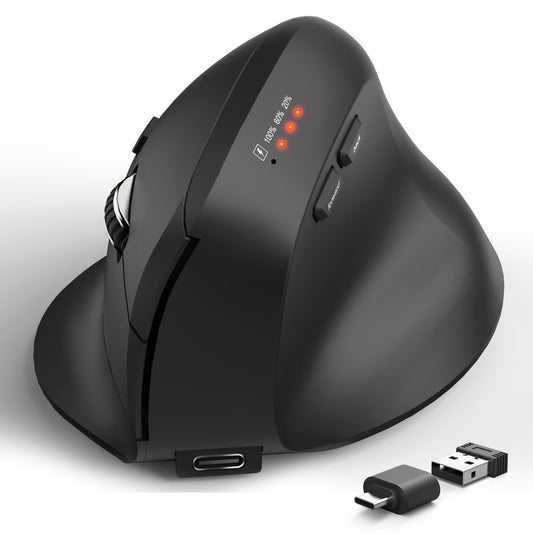 Bluetooth and 2.4GHz Ergonomic Mice, 2 in 1 Wireless Mouse with 3 DPI Levels, Rechargeable Computer Mouse with USB Receiver and Type C Adapter for Laptop, Desktop, Windows, Mac OS, Black