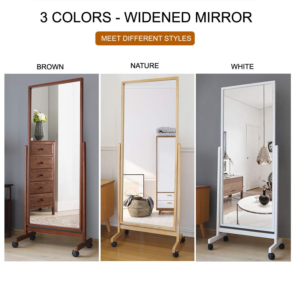 AISUNDY Swivel Full Length Mirror on Wheels 65"x22", Free Standing Wood Frame Cheval Floor Mirror for Dressing, Full Body with Stands, Tilt Angle Adjustable, Brown