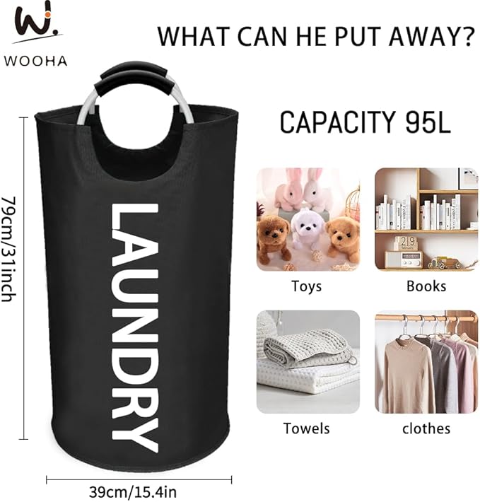 WOOHA 95L Large laundry baskets, Tall Clothes Baskets Folding Washing Bin