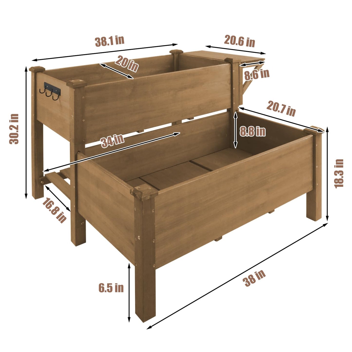 ketive 2-Tier Raised Garden Bed with Legs Outdoor Elevated Garden Box,Storage Shelf,Protective Liner for Backyard,Patio,Balcony,55x42x30in (Brown)