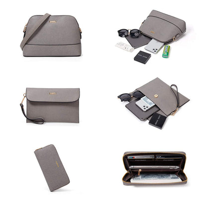 Women Fashion Synthetic Leather Handbags Tote Bag Shoulder Bag Top Handle Satchel Purse Set 4pcs, Grey