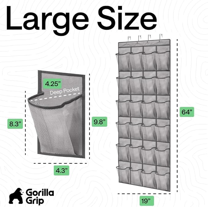 GORILLA GRIP Over the Door Shoe Organizer, 24 Large Breathable Mesh Pockets