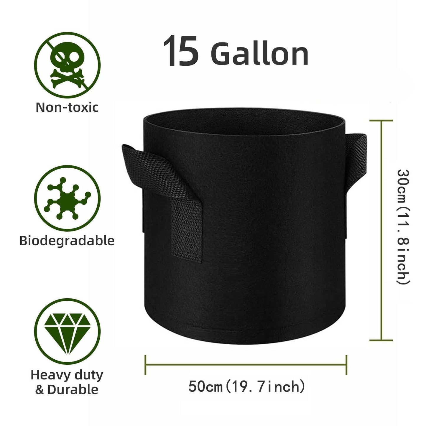 WHATWEARS 12-Pack 15 Gallon Plant Grow Bags, Thickened Nonwoven Flower Pots with Handles, Vegetable Planter Bags Containers, Cloth Planters for Garden Vegetable/Flower/Plant/Fruits Outdoor (Black)