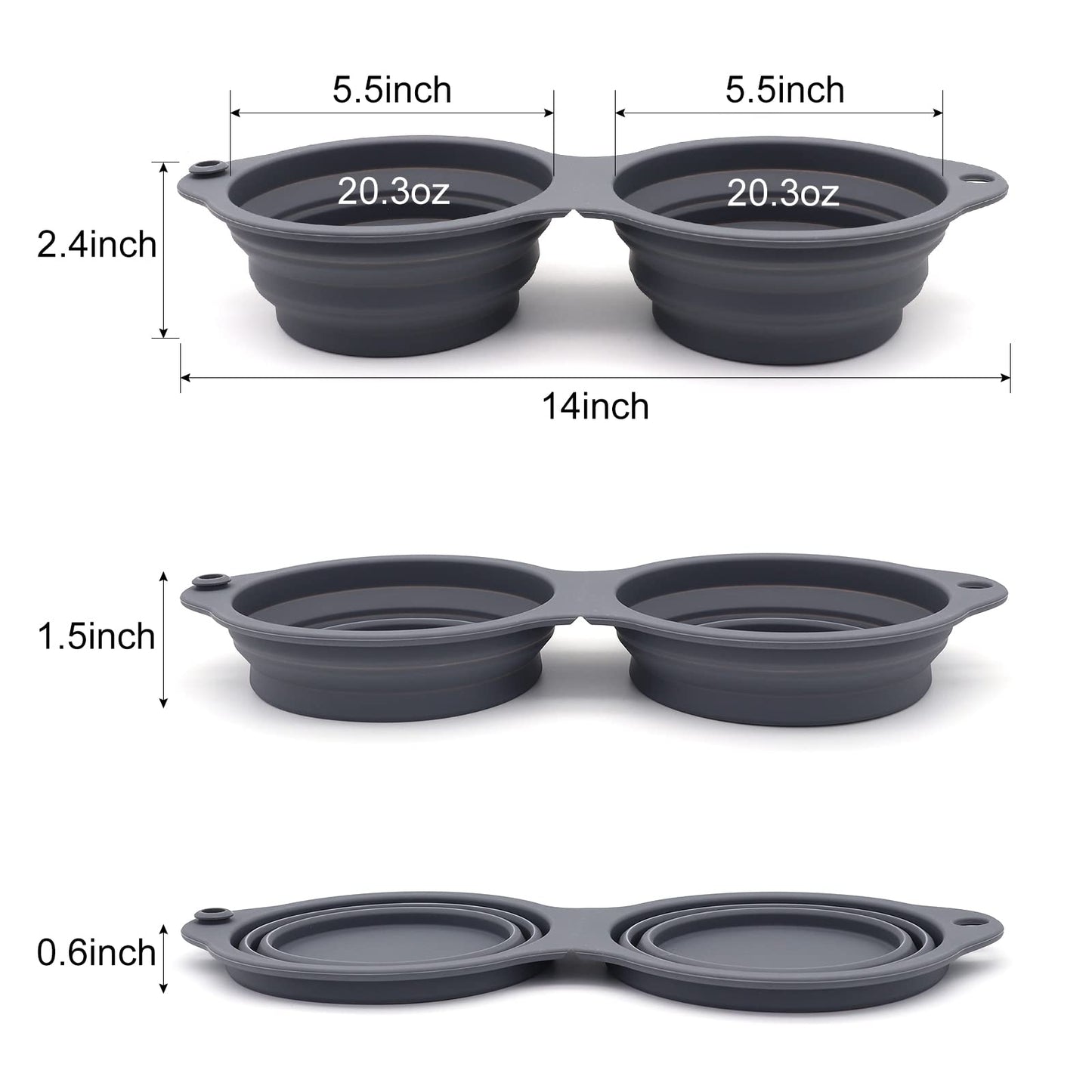 SLSON Collapsible Dog Bowls,Integrated Molding Dog Double Bowl No Plastic Rim 2 in 1 Foldable Pet Food & Water Bowl Cat Feeder Dish for Walking,Hiking,Camping (Cold Grey)