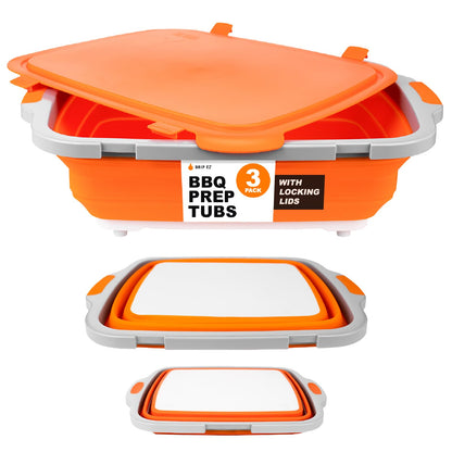 Drip EZ Collapsible BBQ Prep Tubs 3-Piece Set- For Meal Prep Marinating Food Storage - Includes Cutting Board & Lid - (1) JR + (1) OG + (1) XL - Orange