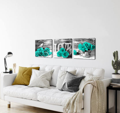 Teal Bathroom Wall Decor Turquoise Teal and Grey Rose Wall Art for Bedroom Living Room Accessories Love Sign Aqua Green Flower Pictures Floral Poster Canvas Artwork Kitchen Home Decoration 12x12" 3