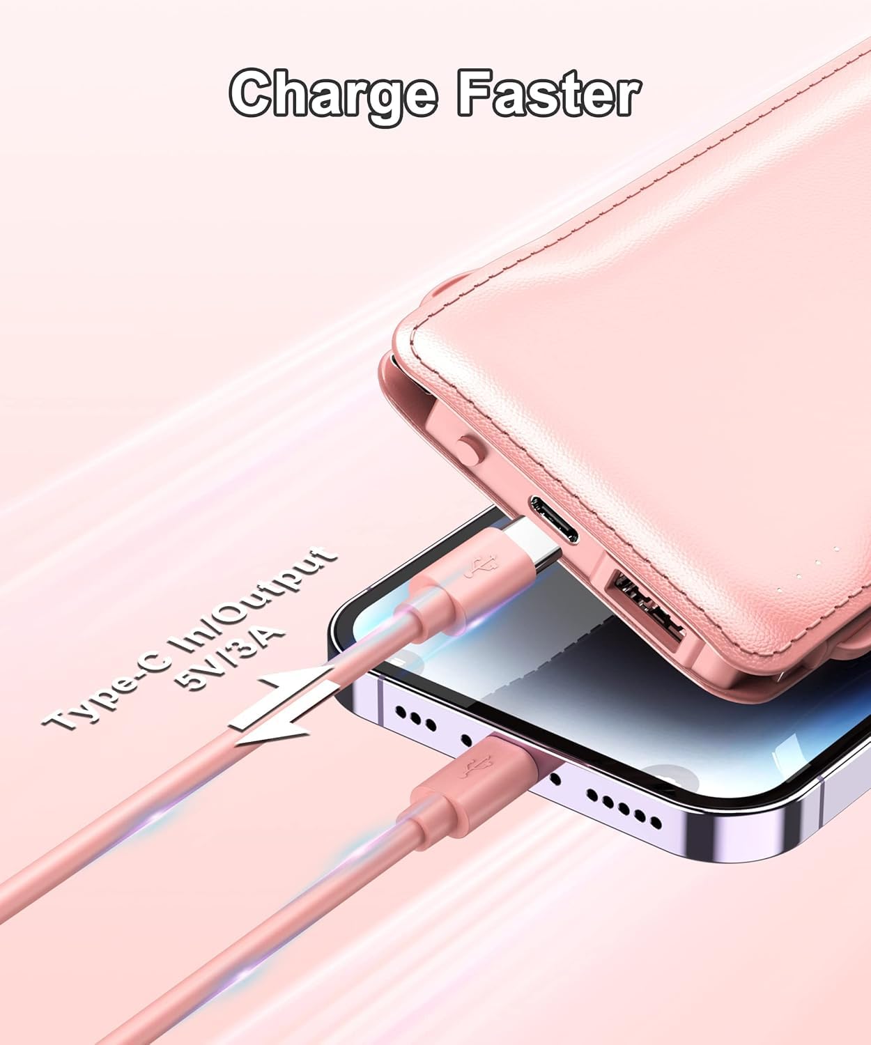 TG90° Portable Charger 10000mah Cell Phone Battery Backup, Ultra Slim Power Bank with Built in Lightning and USB-C Cable, Portable Phone Charger Battery Packs Compatible with iPhone Android Phones