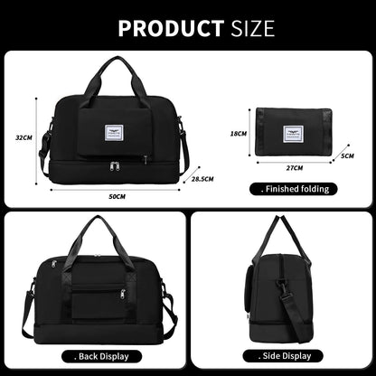FIORETTO Womens Foldable Weekend Bag Overnight Hospital Bag with Shoes Compartment & Wet Pocket, Water Resistant Gym Bag Duffle Bag Travel Bag Holdall for Women Men Black