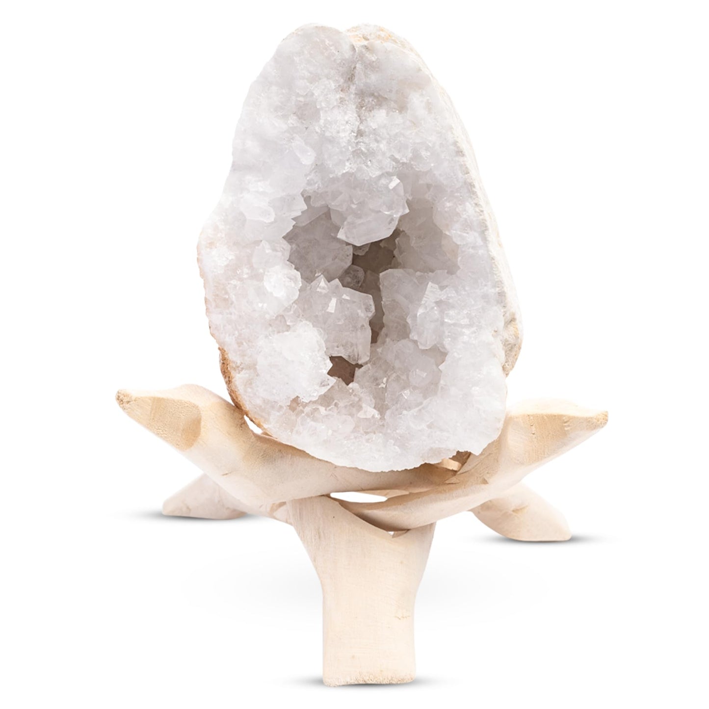 Geode Crystal with Wooden Stand – Moroccan Clear Quartz Crystal Cluster Geode for Meditation, Healing Crystals, Cleansing Energy, & Spiritual Gifts – Crystal Home Decor