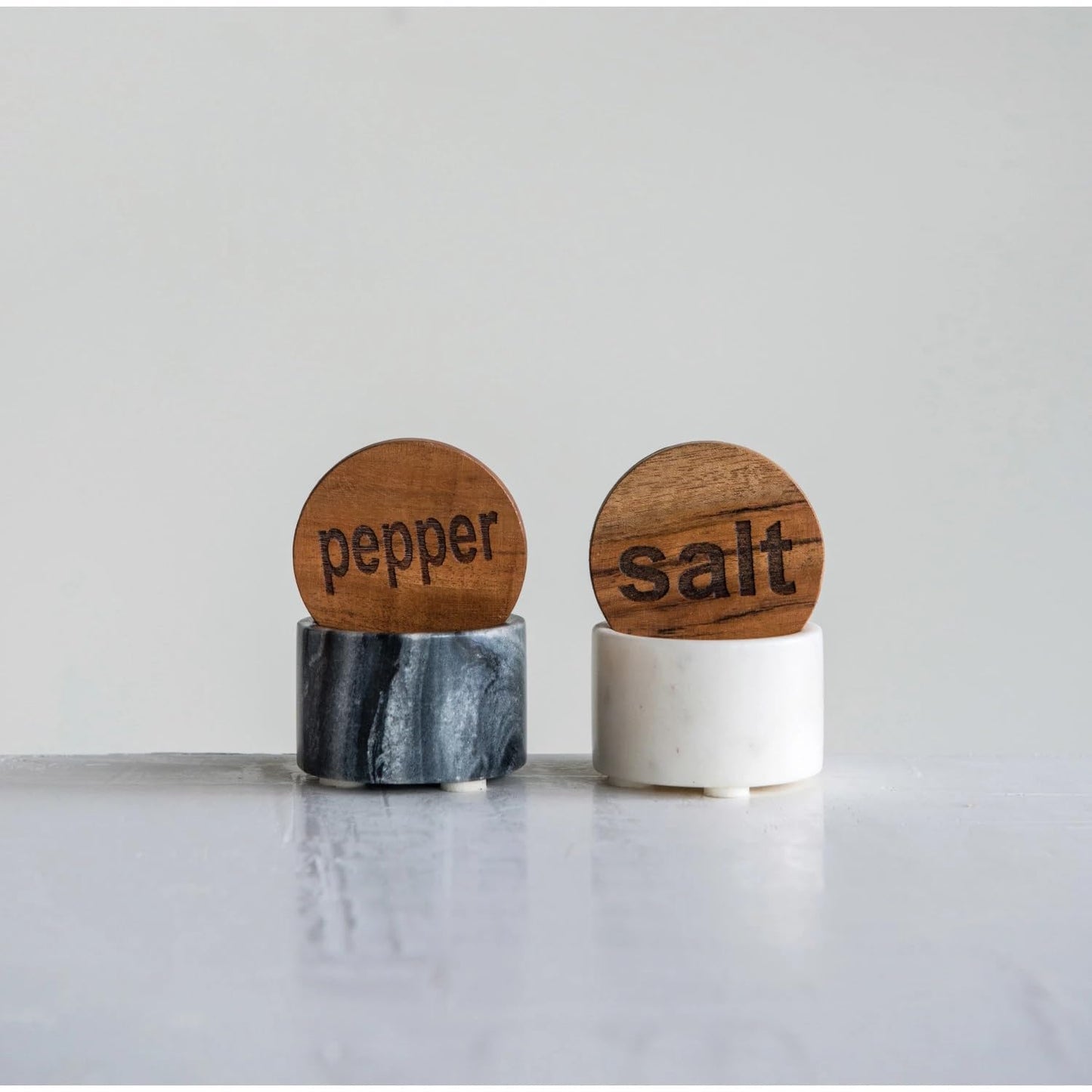 The Bridge Collection Contemporary Salt and Pepper Pinch Pot - Unique Kitchen Accent for Modern Dining Spaces -Sleek Marble Base with Wooden Tops Functional Dining Decor