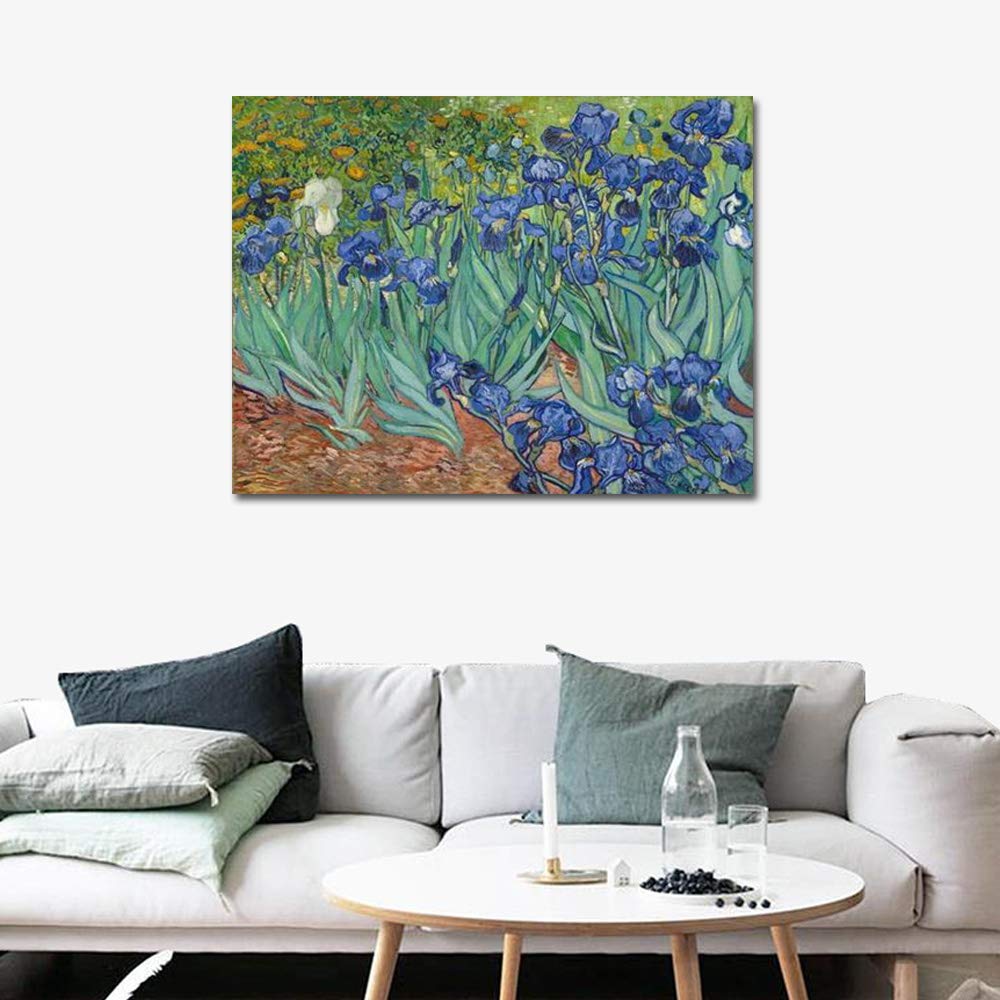 Wieco Art Irises Modern Stretched and Framed Floral Giclee Canvas Print By Van Gogh Famous Flowers Oil Paintings Reproduction Artwork Pictures on Canvas Wall Art for Bedroom Home Decorations
