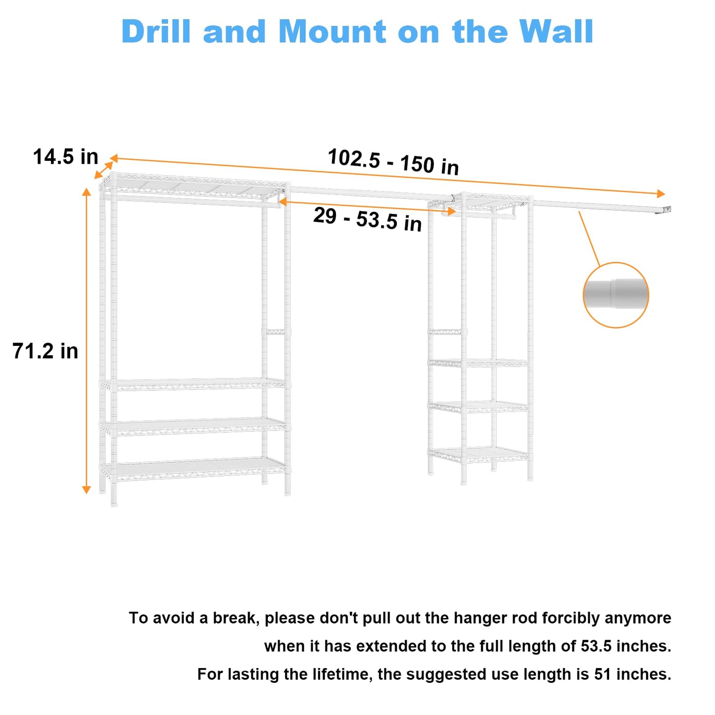 Ulif E11 Heavy-Duty Garment Rack, Metal Freestanding Clothes Rack and Closet Storage Organizer with 8 Shelves and 4 Hanger Rods, (73.2-97.6)" W x 14.5" D x 71.2" H, Load 1034 LBS, White