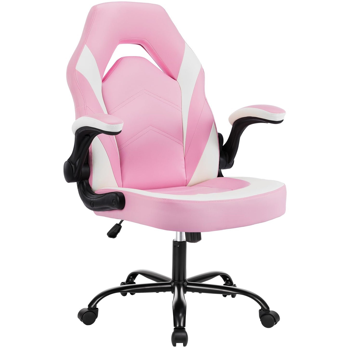 OLIXIS Computer Gaming Desk Chair - Big and Tall Ergonomic Lumbar Support with Flip-up Armrest and 360° Swivel Wheels, PU Leather Height Adjustable, for Home and Office, Pink and White