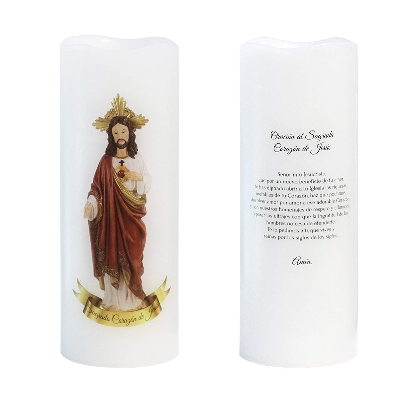 Wondise Sacred Heart of Jesus Picture Devotional Prayer Candle with Remote and Timer, Battery Operated Real Wax LED White Candle for Decoration Religious, Prayer in Spanish(3 x 3 x 6 inch)
