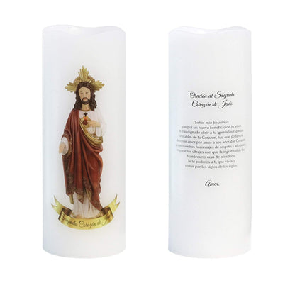 Wondise Sacred Heart of Jesus Picture Devotional Prayer Candle with Remote and Timer, Battery Operated Real Wax LED White Candle for Decoration Religious, Prayer in Spanish(3 x 3 x 6 inch)