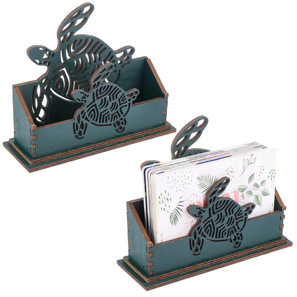 CREATCABIN Sea Turtle Business Card Holder for Desk Wooden Decorative Business Cards Display Stand Green Open Postcard Organizers for Desktop Office Home Tabletop Exhibition Decor 4.5x1.6x3.5Inch
